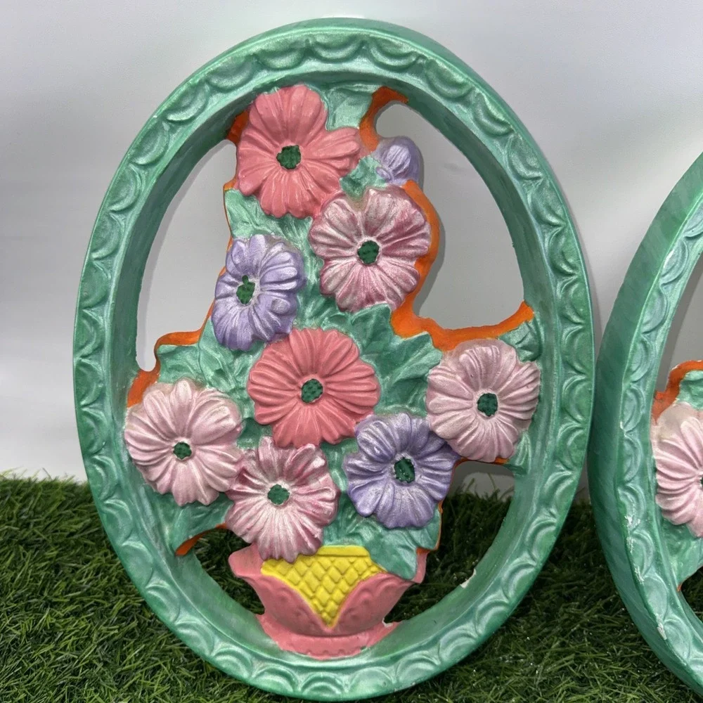 Vintage Floral Wall Plaques Set of 2 Chalkware Syroco Style Pastel Flowers Chips